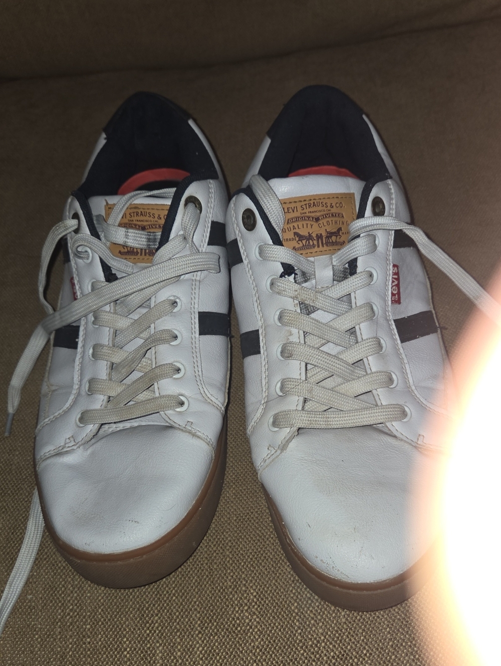 Levi's White Sneakers with Black Stripes and Gum Outsole